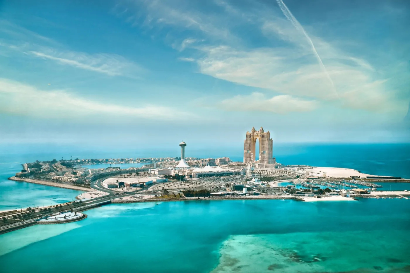 Aerial view of the Abu Dhabi breakwater and turquoise sea