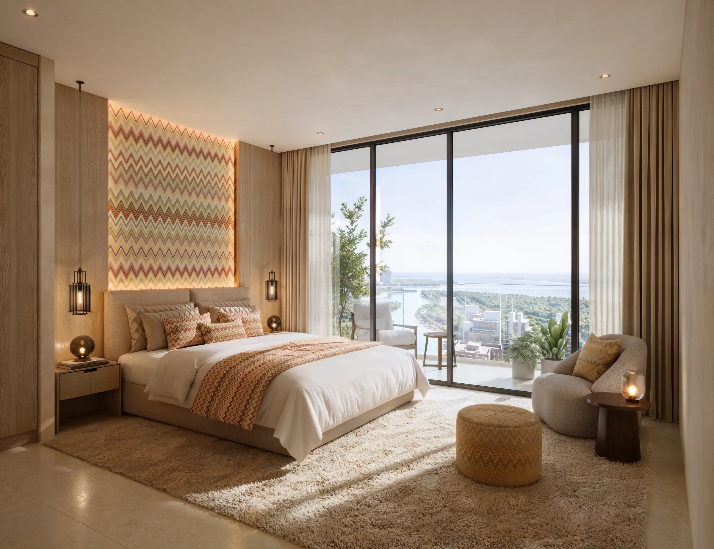 Master bedroom at Waterfront by Missoni with sea views