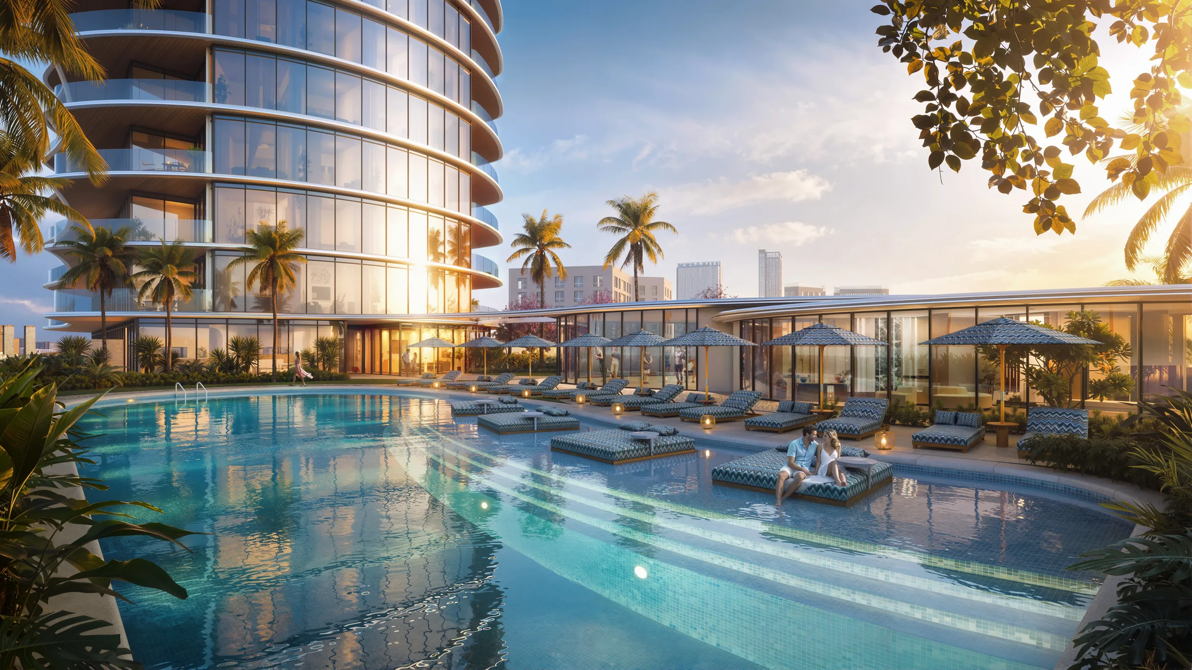 Pool deck at sunset at Waterfront by Missoni